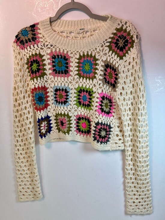 debut Sweaters - Patchwork Indie Crochet Granny Square Openknit XS Boho Cottagecore Fairy Sweater
